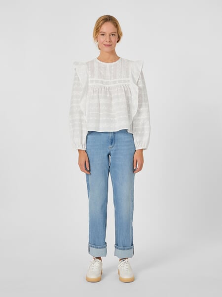 Women’s Embroidered Blouse with Ruffles White, presented on a model