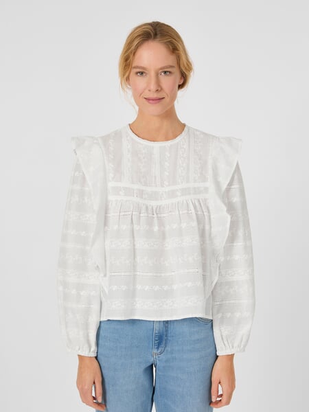 Women’s Embroidered Blouse with Ruffles White, presented on a model
