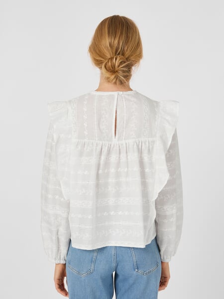 Women’s Embroidered Blouse with Ruffles White, presented on a model