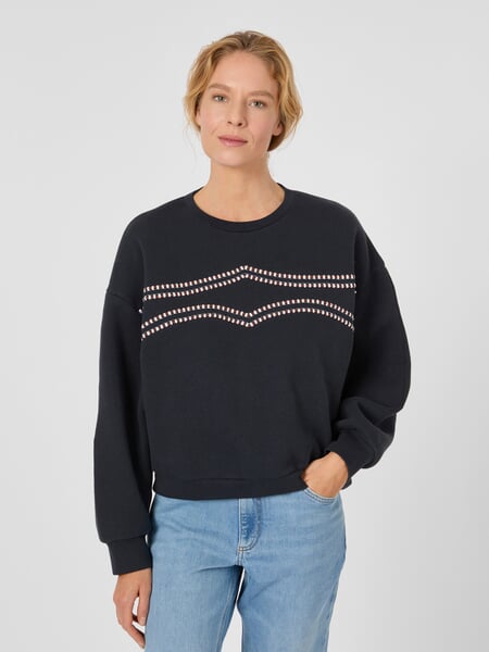 Damesweatshirt med broderi Sortblå, præsenteret på en model