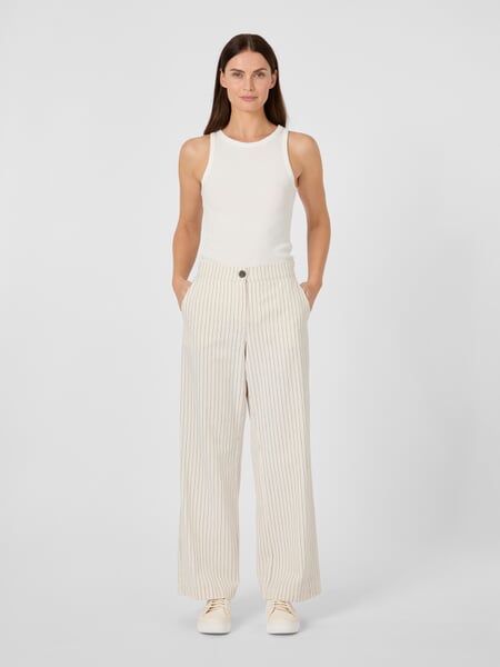 Women’s Marlene Pants, Pinstriped White, presented on a model