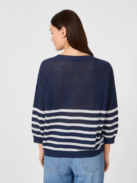 Stribet strikbluse til kvinder Marineblå-hvid, præsenteret på en model