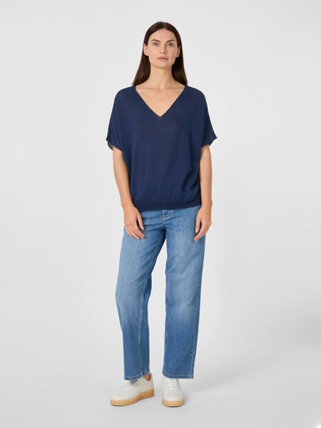 Women's Knitted V-Neck Shirt Navy, presented on a model