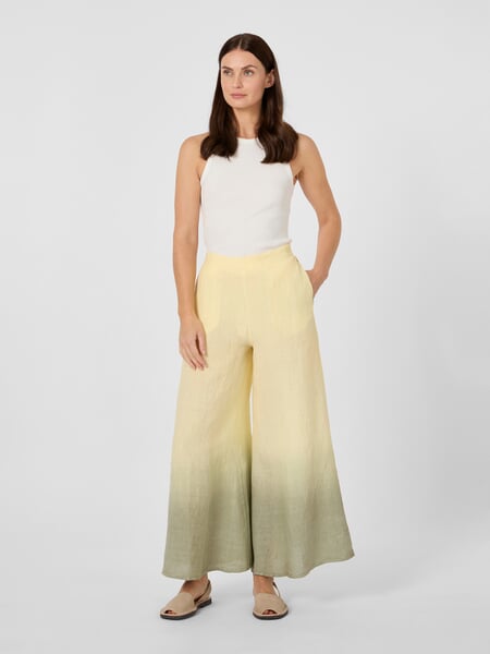 Women's Linen Batik Pants Yellow-Gray, presented on a model