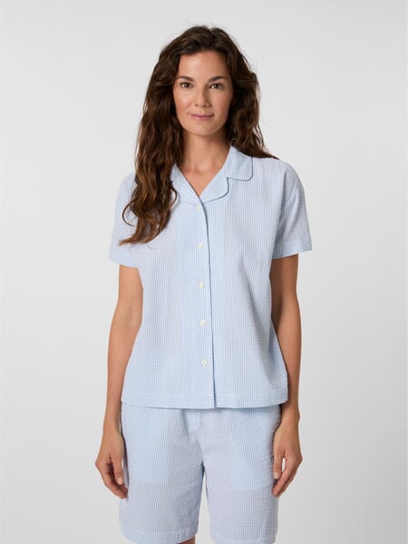 Women’s Seersucker Pajama Shirt Light Blue and White, presented on a model
