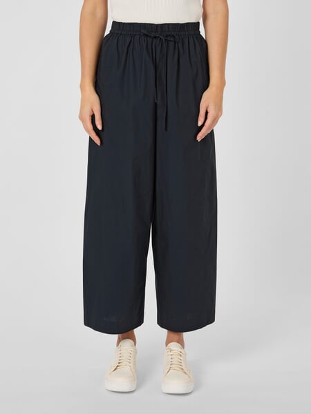 Women's Fabric Pants Black-blue, presented on a model