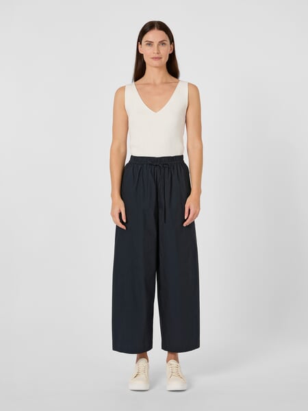 Women's Fabric Pants Black-blue, presented on a model