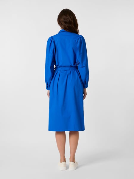 Women's Gathered Dress Blue, presented on a model