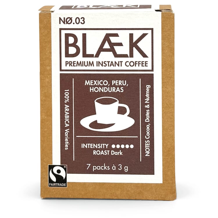 Caffè istantaneo biologico Blaek, tostatura scura, confezione