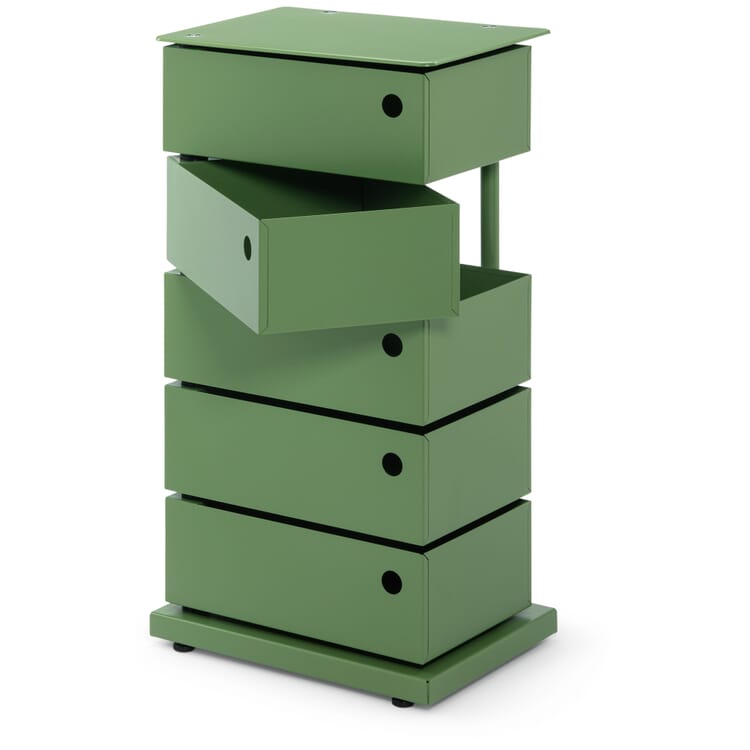 Hinged drawer container, sheet steel, 5 compartments, Reseda green
