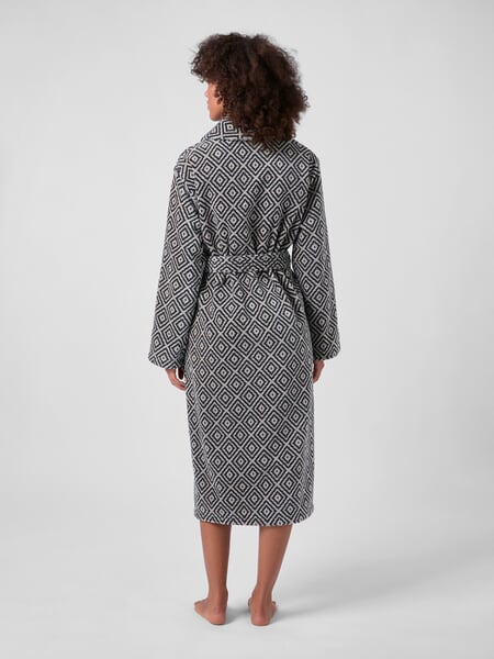 Women's House and Bathrobe, Diamond Pattern Sand-Navy, presented on a model