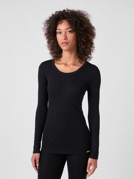 Damen-Langarmshirt Wolle-Seide Schwarz, Tragebild