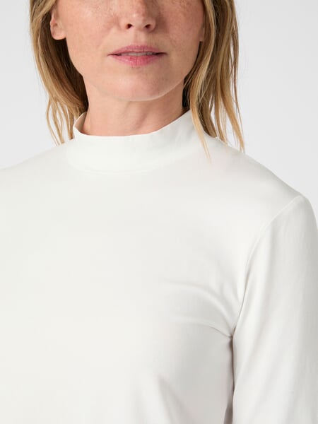 Women’s Long-Sleeve Shirt with Stand-Up Collar." Ecru", close-up