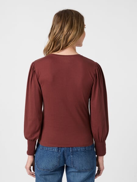 Women's Shirt with Gathered Sleeves Copper, presented on a model