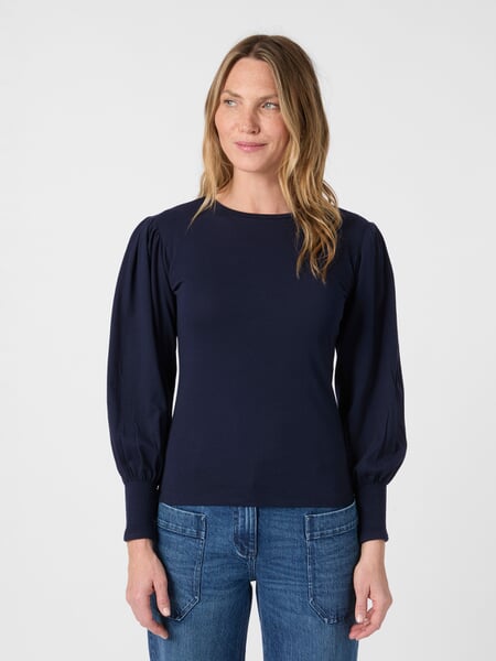 Women's Shirt with Gathered Sleeves Navy, presented on a model