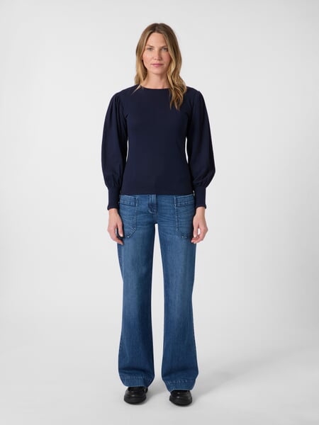 Women's Shirt with Gathered Sleeves Navy, presented on a model