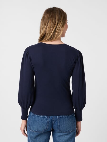 Women's Shirt with Gathered Sleeves Navy, presented on a model