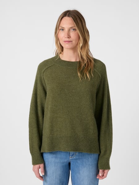 Damen-Strickpullover Wolle-Alpaka Oliv, Tragebild