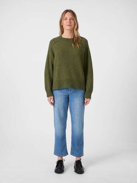 Damen-Strickpullover Wolle-Alpaka Oliv, Tragebild