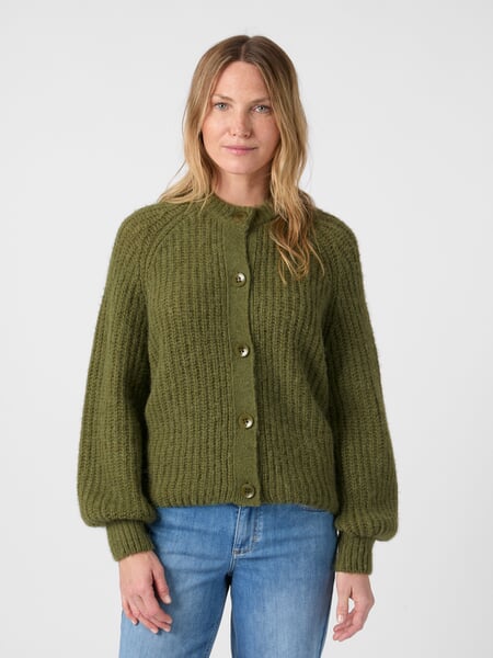 Damen-Strickjacke Wolle-Alpaka Oliv, Tragebild