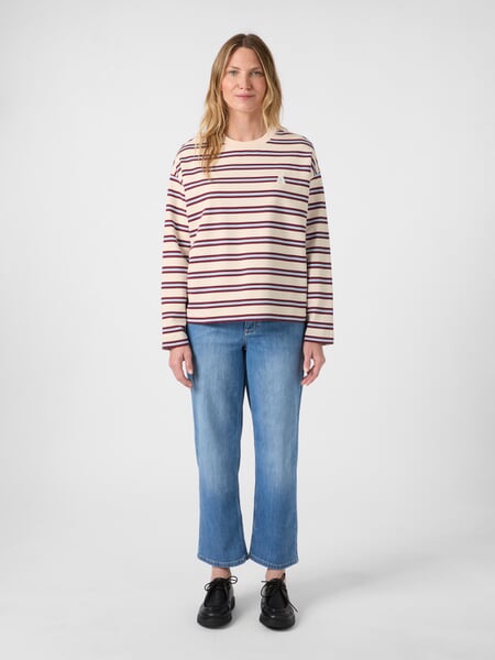 Damen-Sweatshirt gestreift Rot-Blau, Tragebild