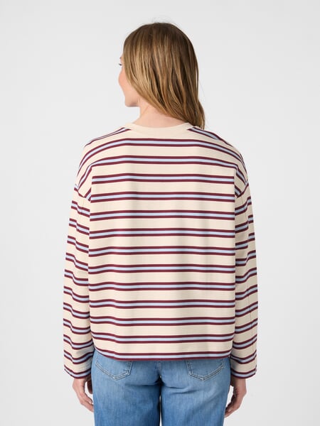 Damen-Sweatshirt gestreift Rot-Blau, Tragebild