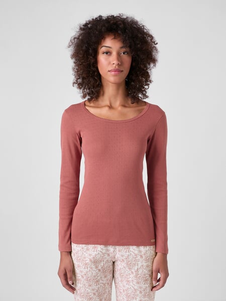 Dames-shirt met lange mouwen Ajour Koper, gepresenteerd op een model