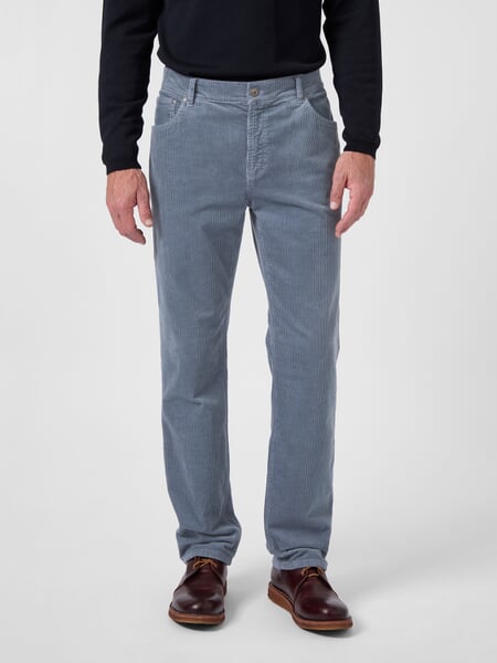 Men’s Corduroy Pants." Gray, presented on a model