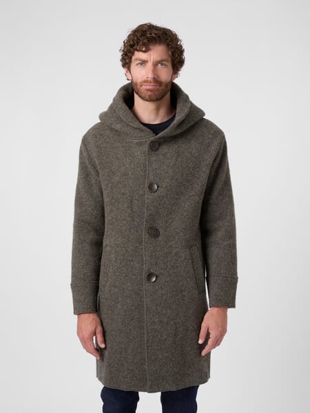 Korte herenjas van gewalkte wol Bruin, gepresenteerd op een model