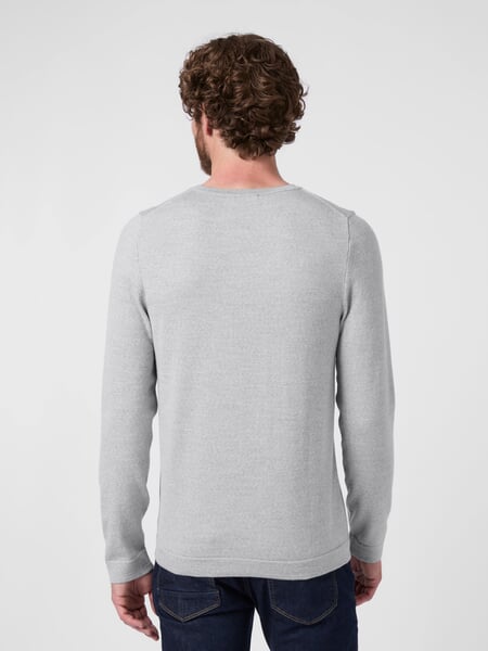 Men’s Crew-Neck Sweaters." Light gray, presented on a model