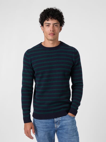 Herrenpullover geringelt Navy-Grün, Tragebild