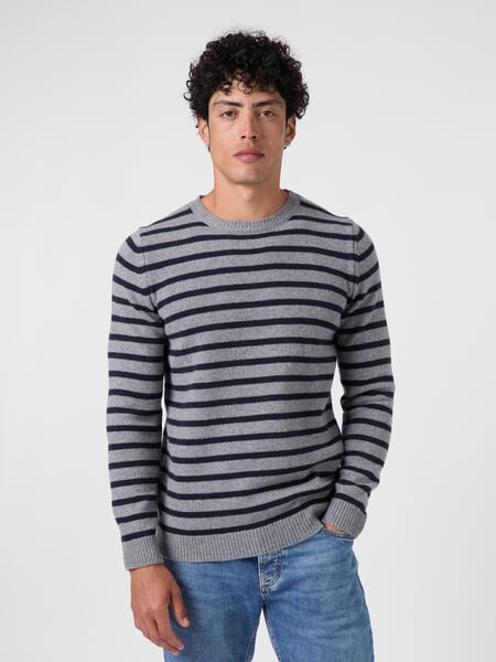 Herrenpullover geringelt Grau-Navy, Tragebild