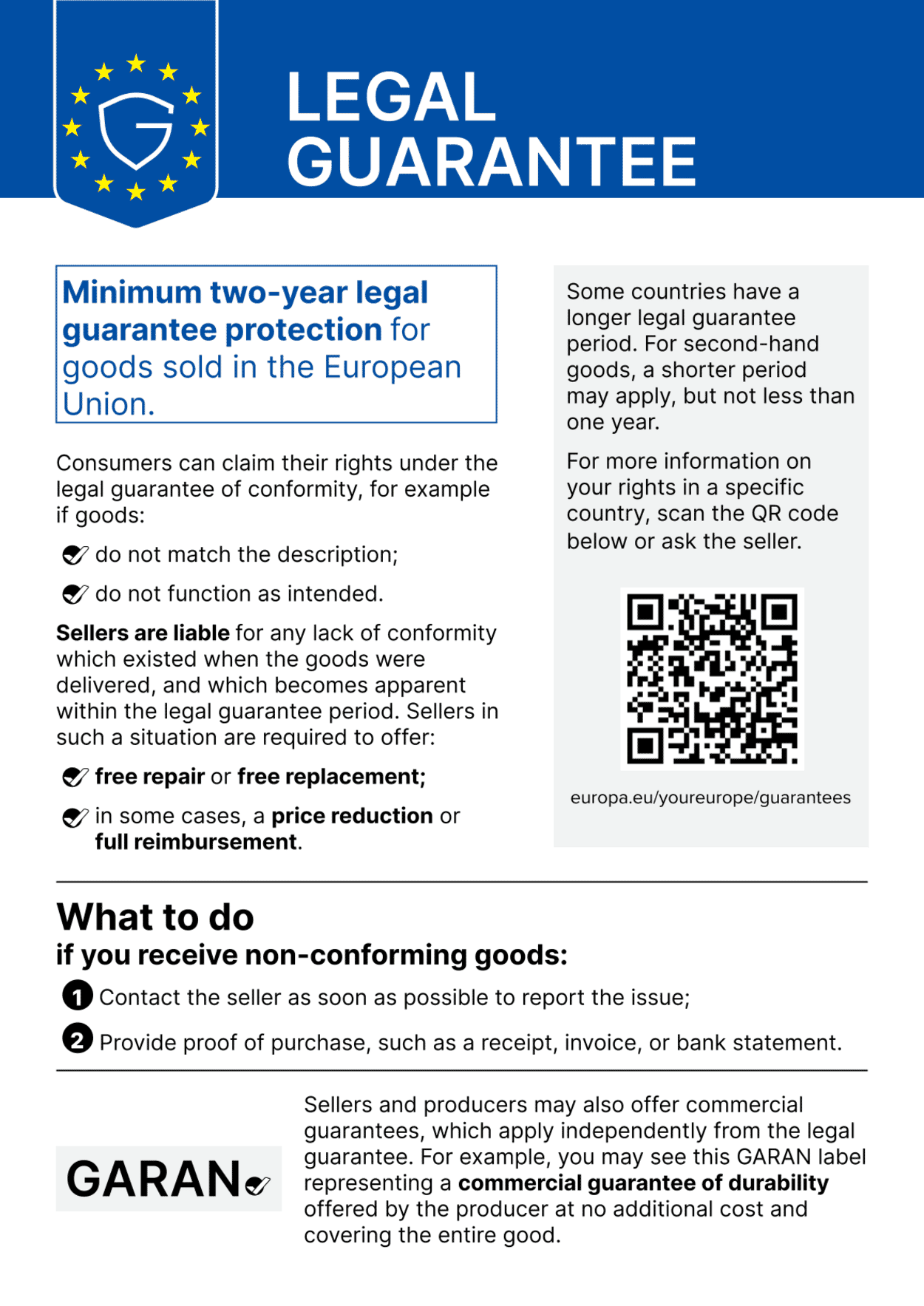 Minimum two-year legal guarantee protection for goods sold in the European Union. Consumers can claim their rights under the legal guarantee of conformity, for example if goods:  do not match the description;  do not function as intended.  Sellers are liable for any lack of conformity which existed when the goods were delivered, and which becomes apparent within the legal guarantee period. Sellers in such a situation are required to offer:  free repair or free replacement;  in some cases, a price reduction or full reimbursement.