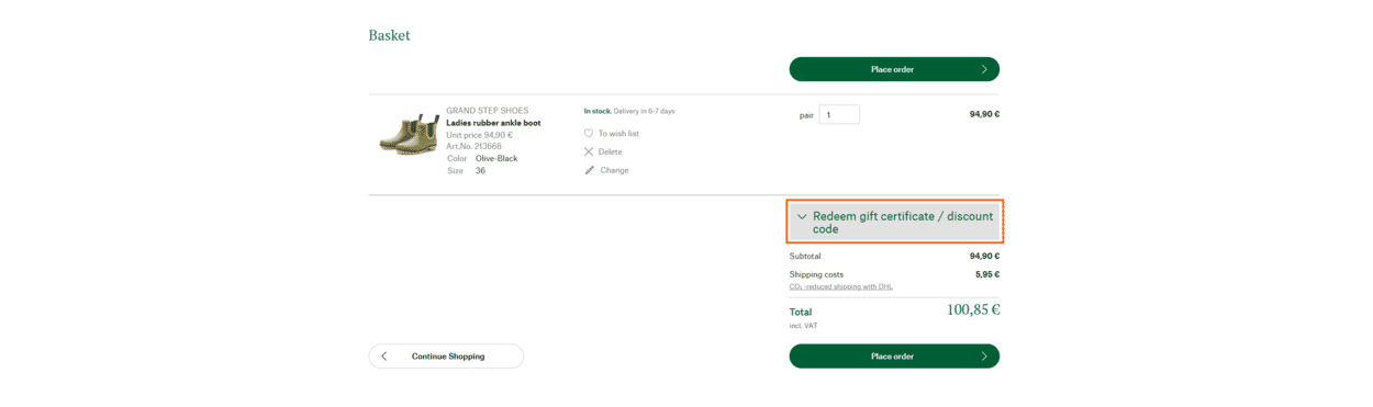 Redeem voucher in shopping cart