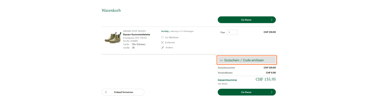 Gutschein einlösen im Warenkorb