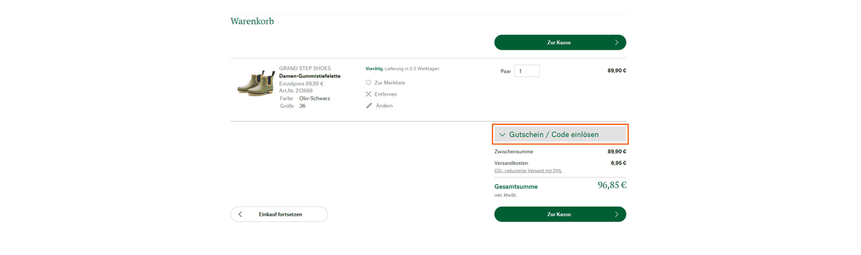 Gutschein einlösen im Warenkorb