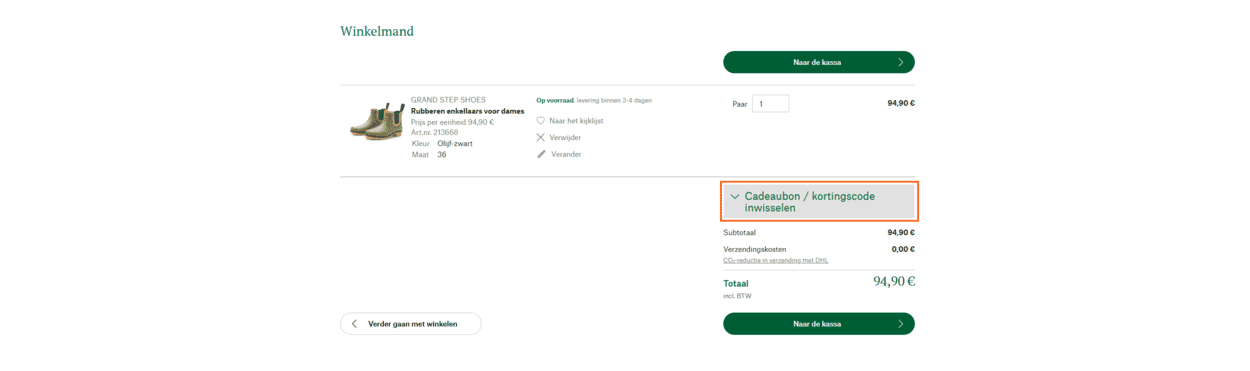 Tegoedbon in het winkelmandje inwisselen