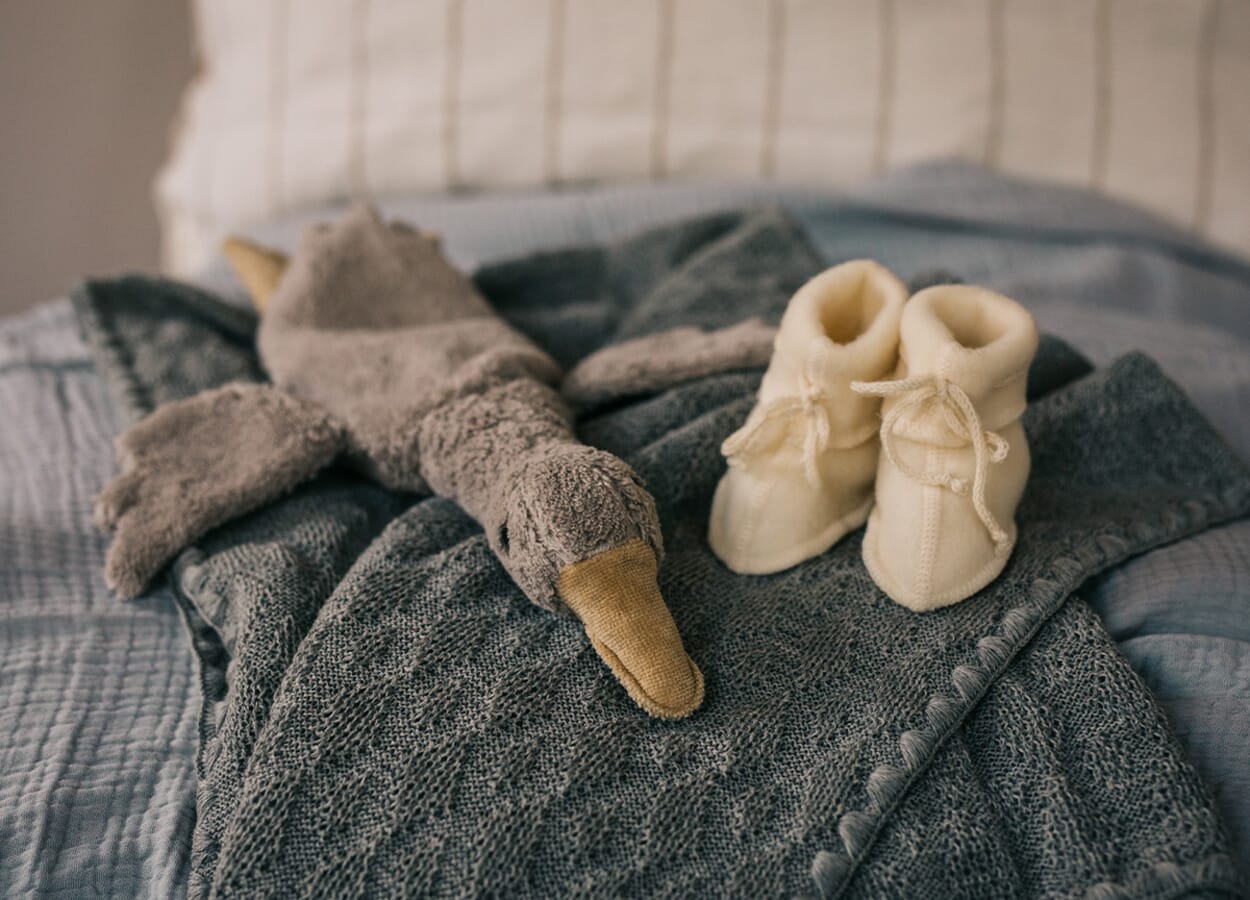 Cuddly goose with baby shoes