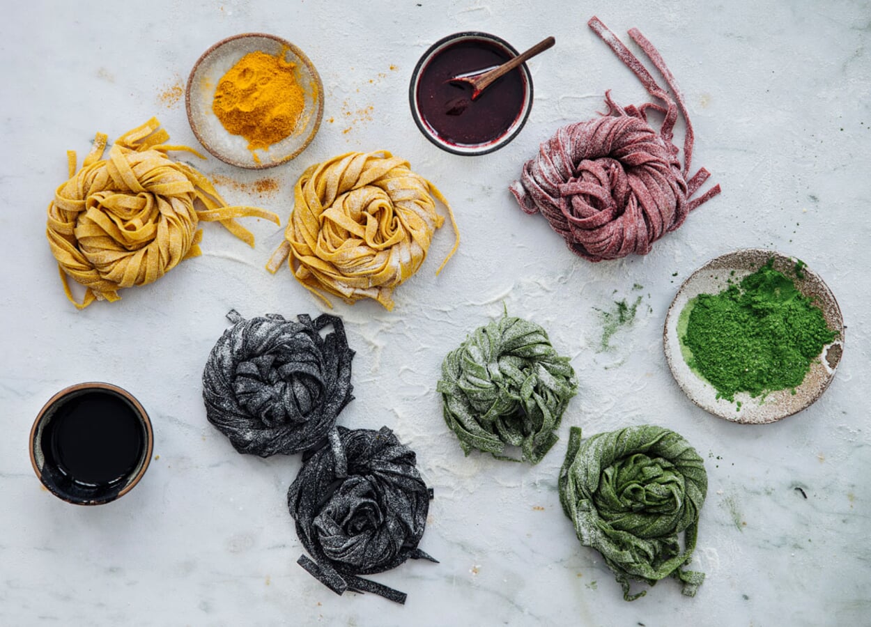 Colorful dyed pasta