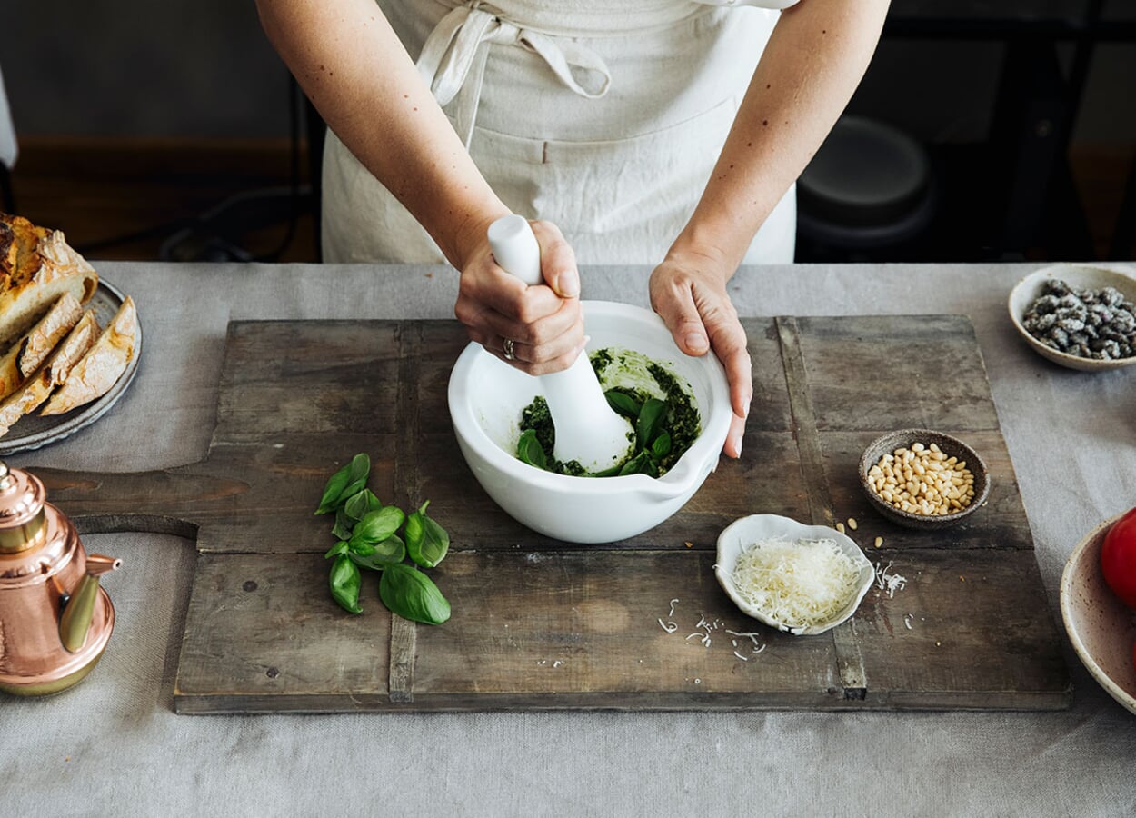 Panini with grilled vegetables, basil pesto, mozzarella and salted capers