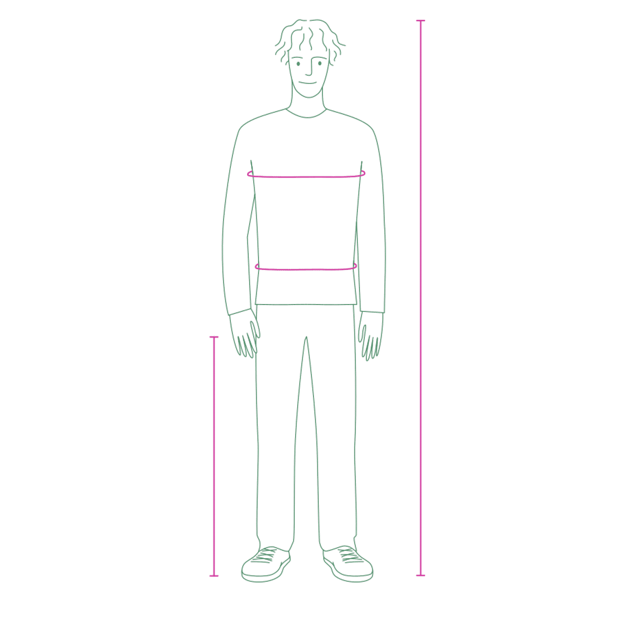 Illustration d'un homme vu de face. Une ligne indique la taille du corps, de la tête aux pieds. Une autre ligne indique le tour de taille à la hauteur correspondante. Une troisième ligne indique la longueur de l'entrejambe, qui va de l'entrejambe jusqu'à la plante du pied.