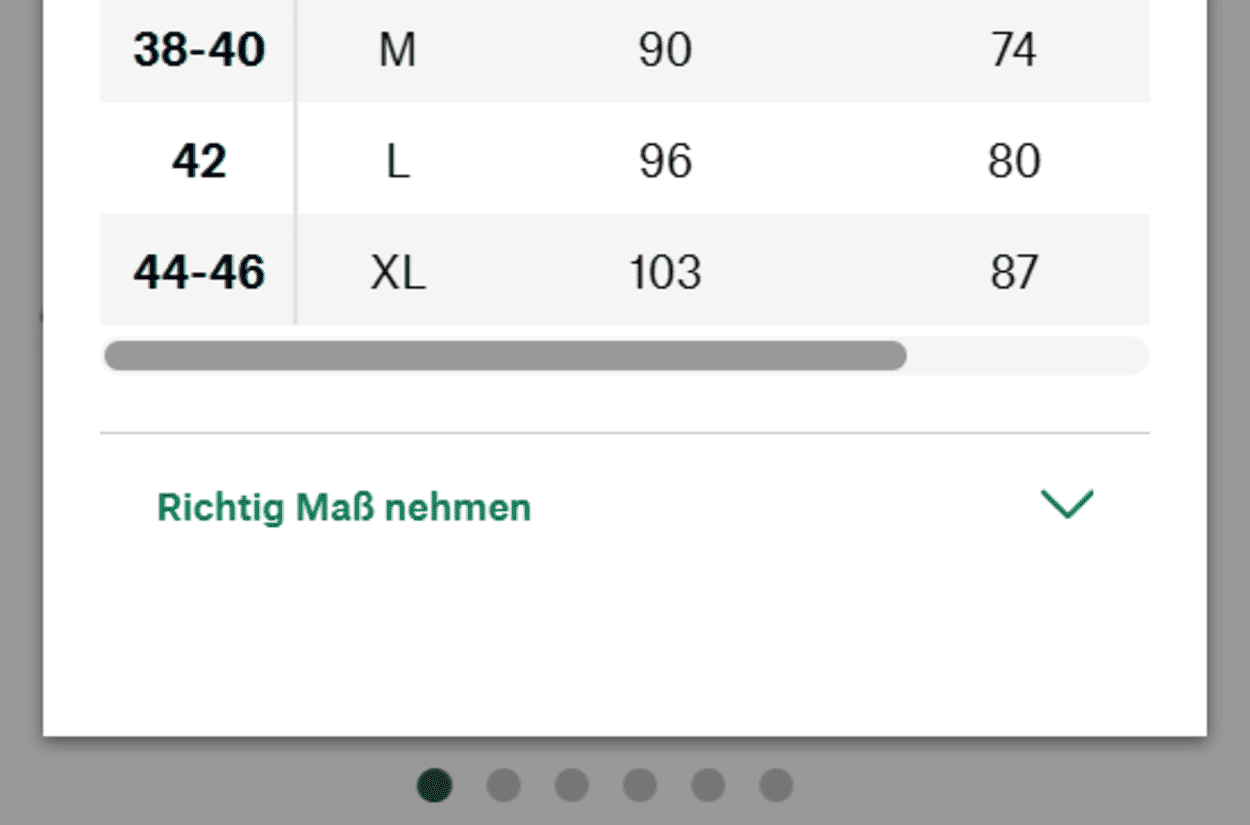 Darstellung einer Größentabelle mit einem Link darunter für weiterführende Infos, zum Maßnehmen.