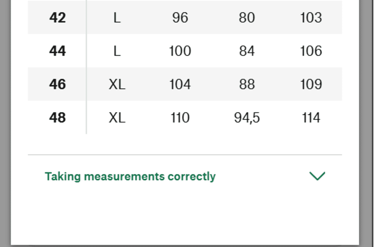 A size chart with a link below it for more information on how to take measurements.