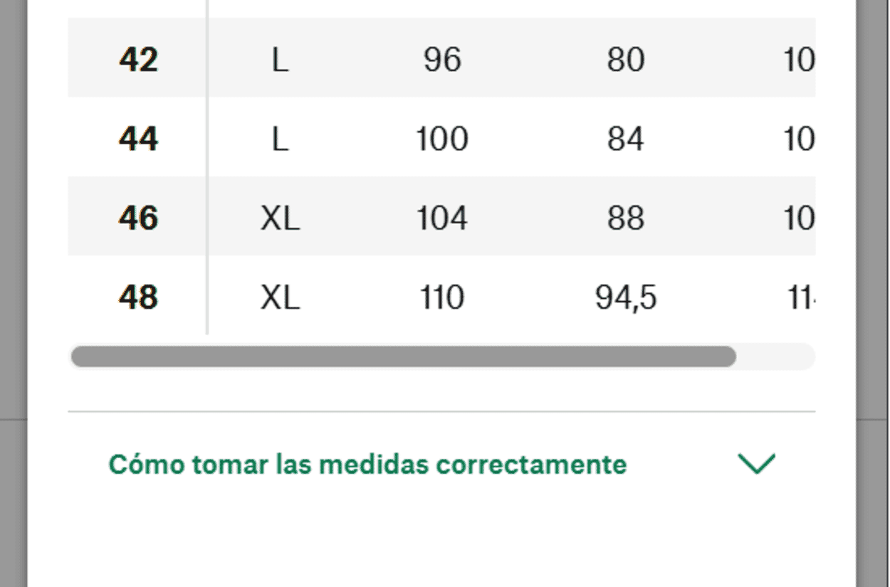 Presentación de una tabla de tallas con un enlace debajo para obtener más información sobre cómo tomar las medidas.