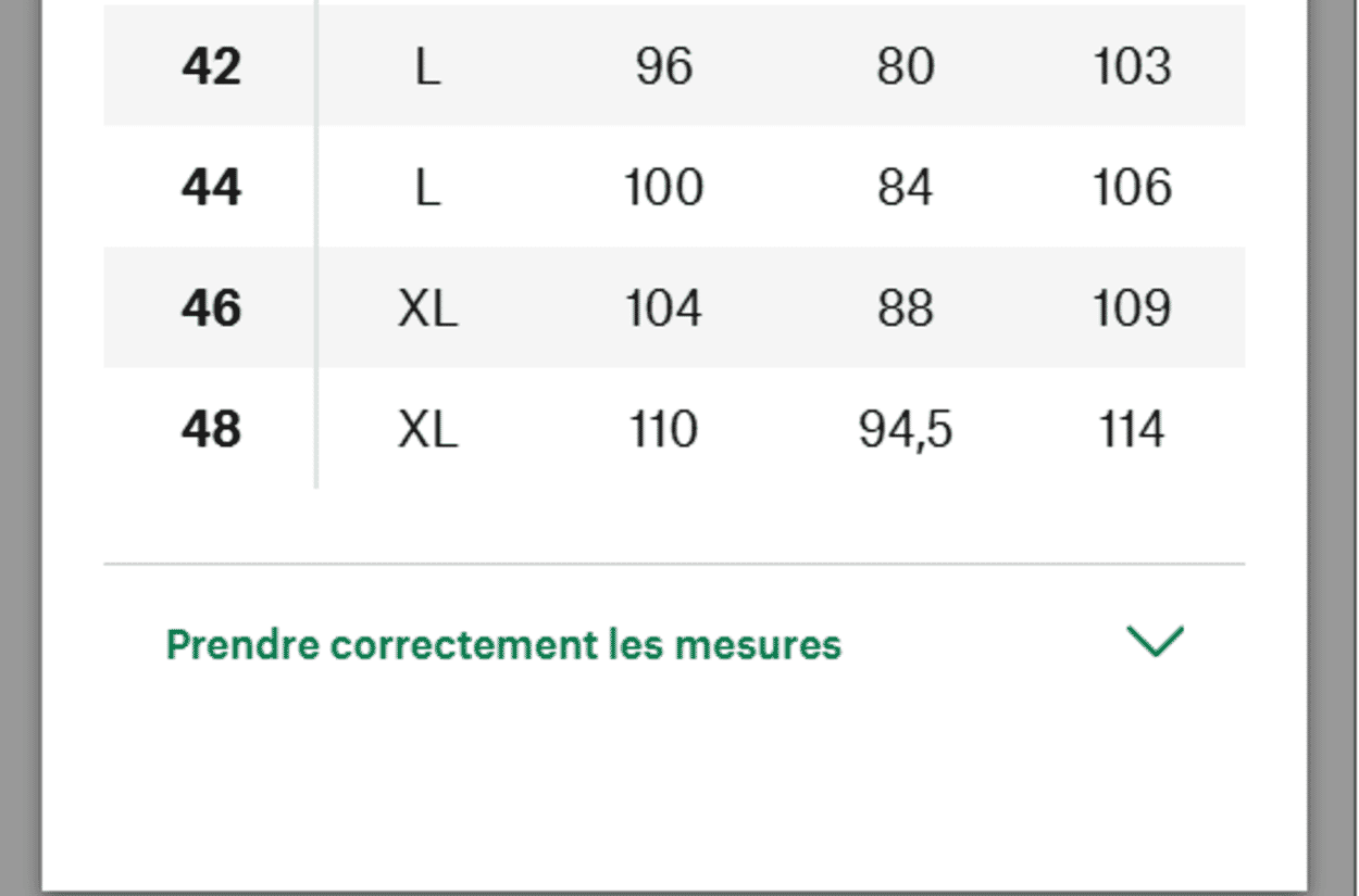 Présentation d'un tableau des tailles avec, en dessous, un lien vers des informations complémentaires sur la prise de mesures.