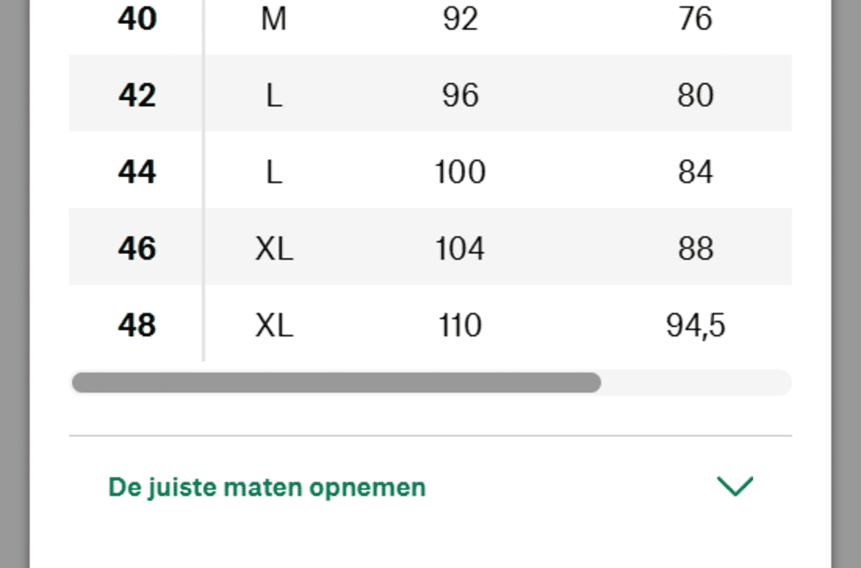 Weergave van een maattabel met daaronder een link naar meer informatie over het opmeten.
