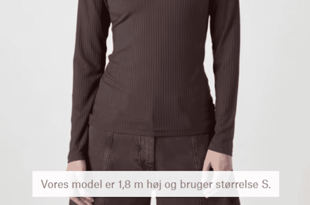 Præsentation af oplysninger om modelmål og den størrelse, modellen bærer, på et billede af en model