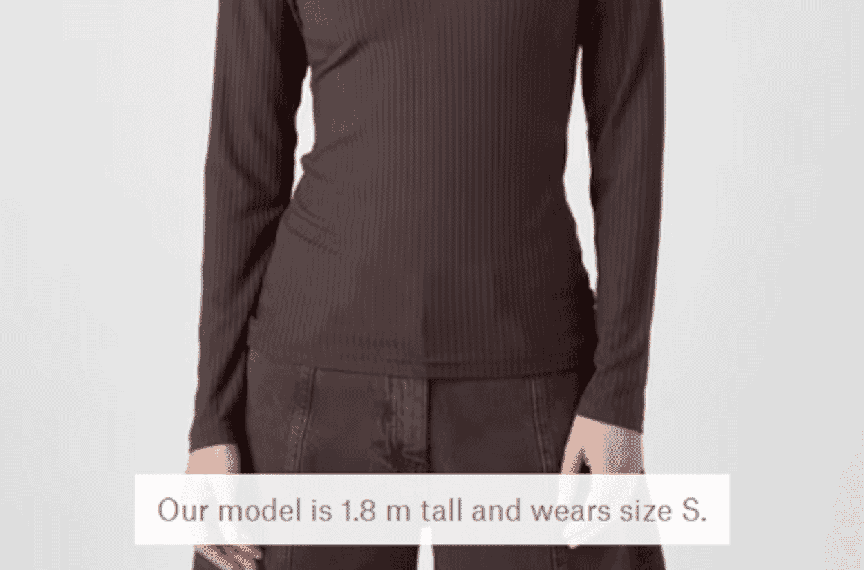 Presentation of information on the model’s measurements and the clothing size she is wearing in an image of the model