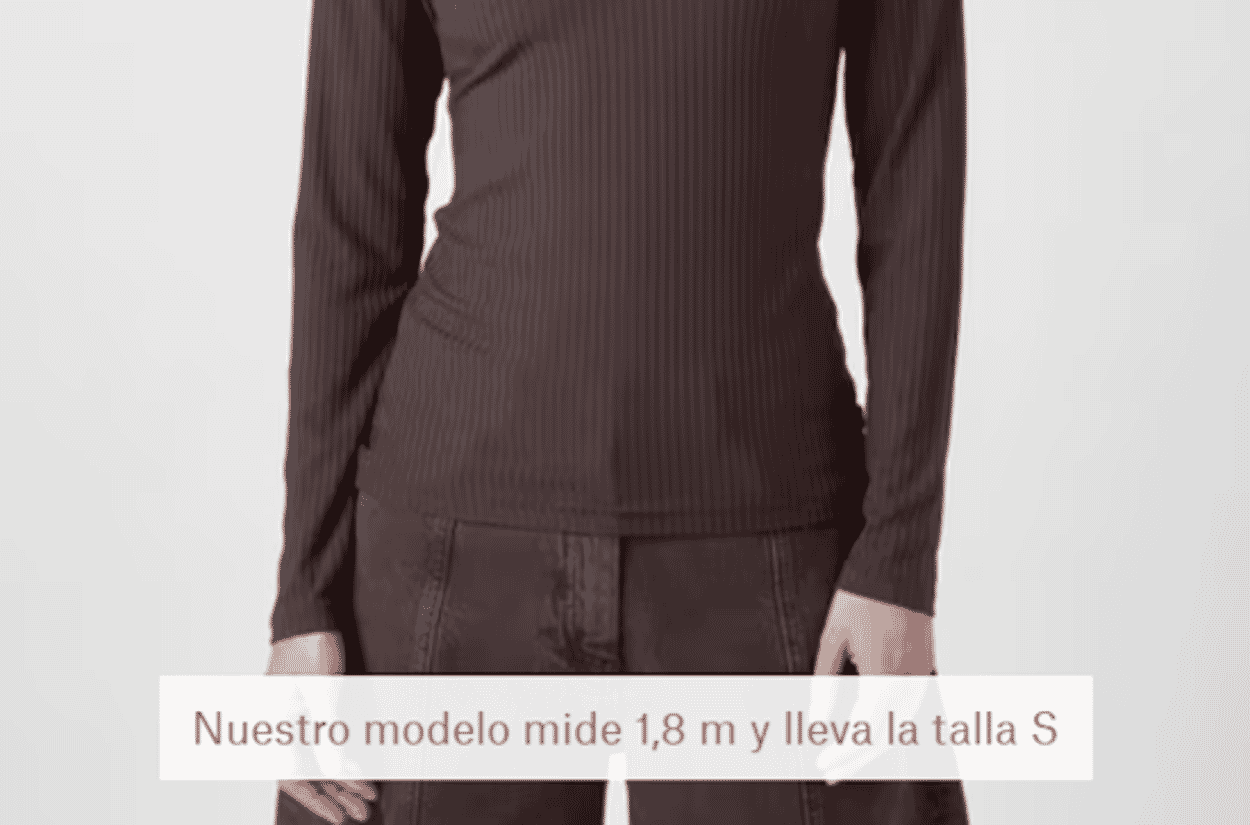 Presentación de la información sobre las medidas de la modelo y la talla de ropa que lleva puesta en una imagen de la modelo