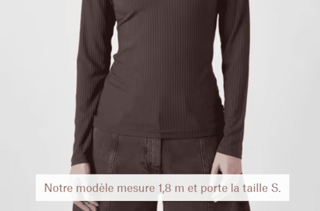 Présentation des informations relatives aux mensurations du mannequin et à la taille de prêt-à-porter portée sur une photo du mannequin